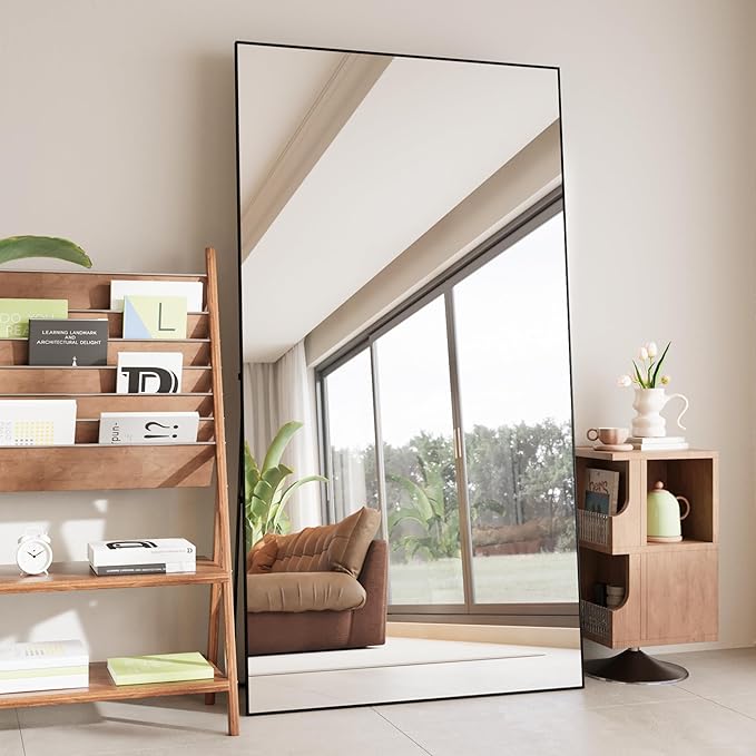 FANYUSHOW Full Length Mirror with Stand, 76"x34" Aluminum Alloy Frame Floor Mirror, Shatter-Proof Glass Free Standing, Leaning Against Wall or Wall-Mounted, for Bedroom Living Room Dressing Room Black