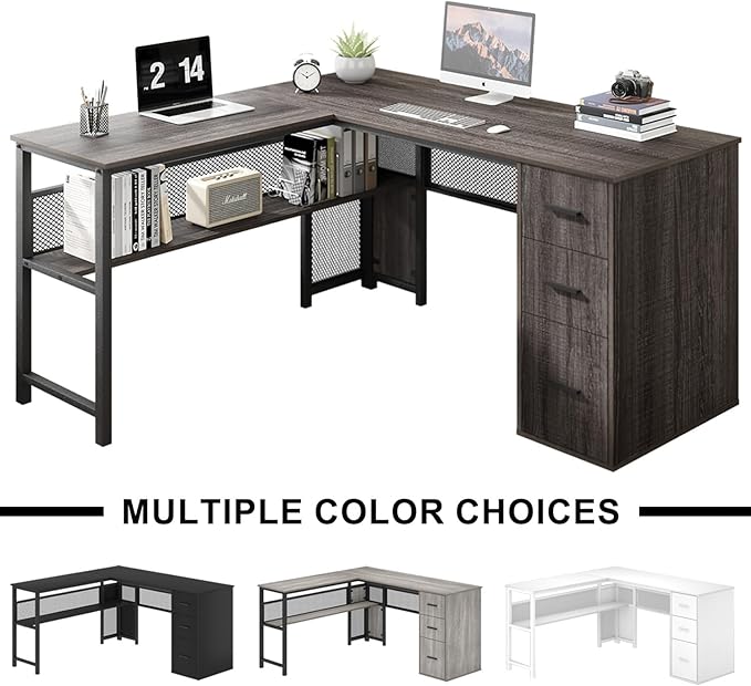LVB L Shaped Desk, Wood Metal Computer Desk with Drawer, Industrial Corner Home Office Desk with Storage Cabinet for Bedroom, Dark Gray Oak, 59 Inch