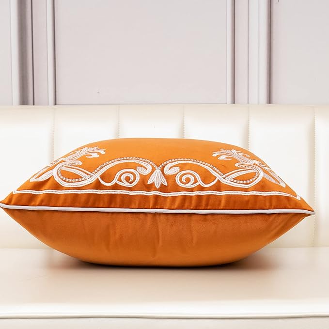 Aeckself European Floral Pillow Cover 16x16 Inch, Luxury Velvet Embroidered Decorative Throw Pillow Cover for Couch Bedroom Living Room, Burnt Orange and White