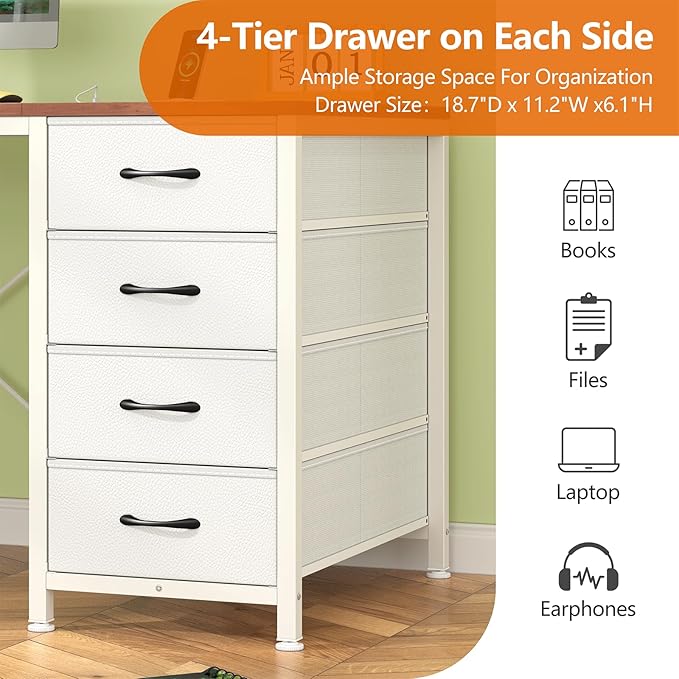 50 Inch Computer Desk with 8 Drawers, Home Office Desk with Power Outlets, Work Study Gaming Desk with 8 Fabric Drawers, Brown and White