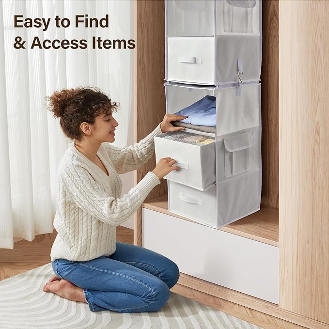 Pipishell 6-Shelf Hanging Closet Organizer, Hanging Shelves with 2 Separable 3-Tier Shelves, Closet Shelves Organizer with 3 Removable Drawers for Wardrobe, Nursery, Baby Clothes Organizer, White