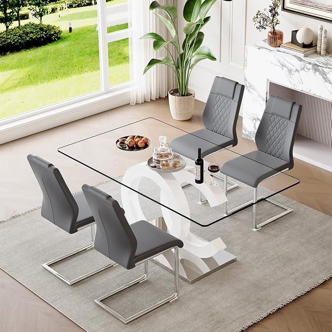 63'' Glass Dining Table Set for 4, Kitchen Table Chairs Set of 4, Clear Glass Dining Table with White unique design Leg and Silver Metal Base, 4 PU Dining Chairs with Metal Legs, Living Room, Kitchen.