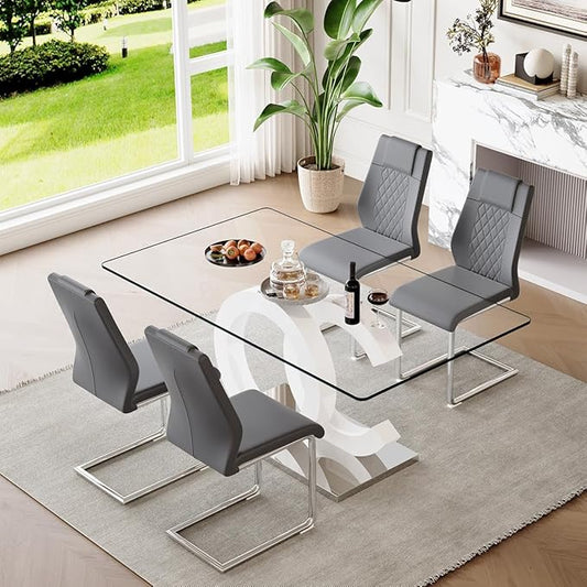 63'' Glass Dining Table Set for 4, Kitchen Table Chairs Set of 4, Clear Glass Dining Table with White unique design Leg and Silver Metal Base, 4 PU Dining Chairs with Metal Legs, Living Room, Kitchen.