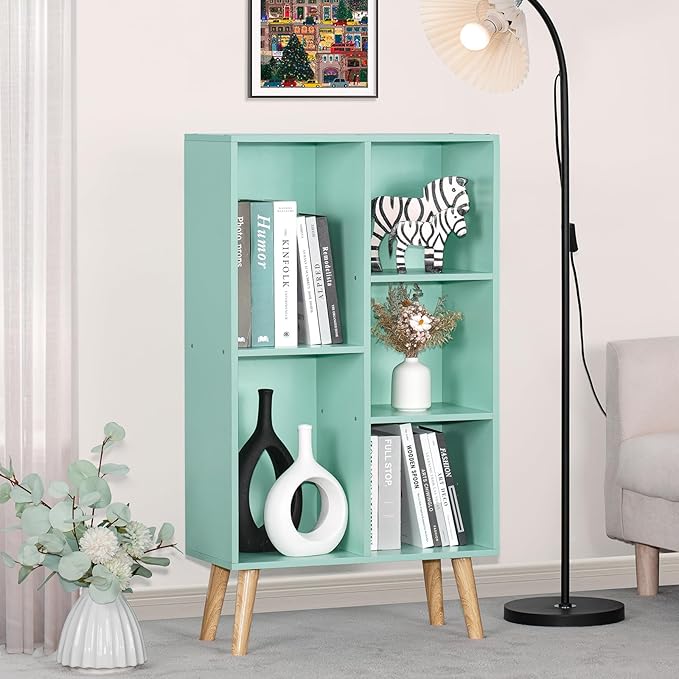 LEYAOYAO 5 Cube Bookshelf 3-Tier Bookcase with Legs,Mint Green Kids Book Shelf Cute Storage Organizer,Free Standing Open Toy Shelves Wood Bookshelves,Display Bookcases for Bedroom,Living Room,Nursery