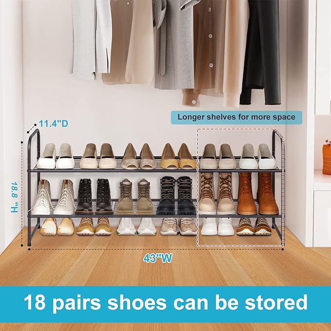 KEETDY 2-Tier Long Shoe Rack for Closet Entryway Shoe Organizer for 18 Pairs Sneakers, Metal Stackable Shoe Storage Shelf with Wire Grid for Bedroom, Floor, Bronze