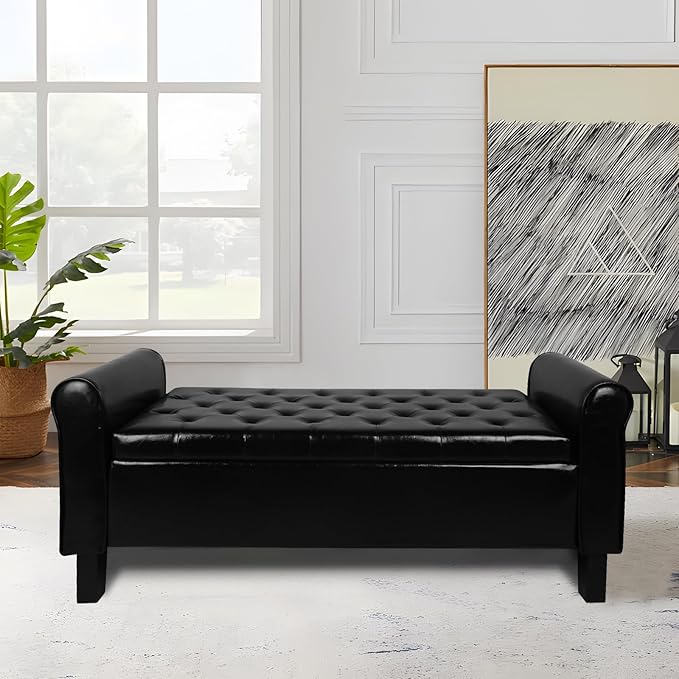 Storage Ottoman Bench with Arms, End of Bed Bench for Bedroom, Button Tufted for Entryway, Living Room,Hallway, Foot Rest (Black)