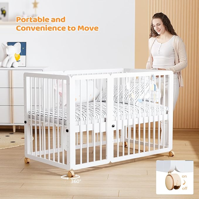 JOYMOR 8 in 1 Convertible Crib with Changer, Include 2” Mattress, Converts to Bassinet, Mid Crib, Full Size Crib, Daybed,Toddler Bed and Playard (Crib, White)