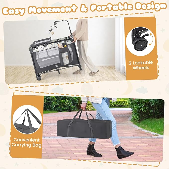 BABY JOY 3 in 1 Pack and Play, Portable Baby Playard with Bassinet, Changing Table, Lockable Wheels, Glowing Music Box, Travel Baby Crib Bassinet Bed from Newborn to Toddler