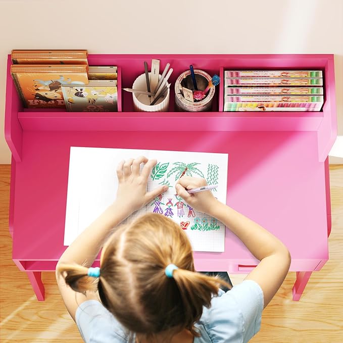 INFANS Table and Chair Set, Toddler Wooden Student Study Desk with Chair Storage Hutch Compartments Drawers for Writing Drawing, Children Furniture for Bedroom School Boys Girls 3+ Years Old (Pink)