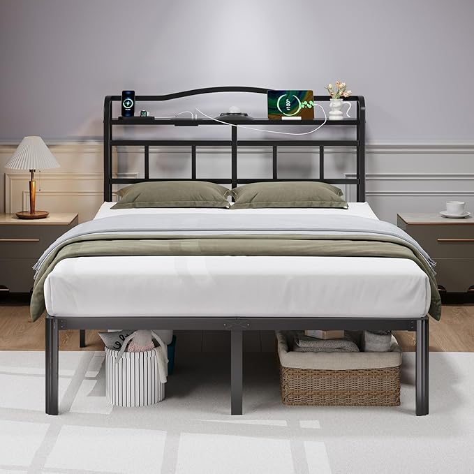 Full Bed Frame - Storage Headboard with Charging Station & Galaxy Aurora Projector, 14 Inch Sturdy Metal Platform Bed Frame No Box Spring Needed, Easy Assembly, No Noise, Black