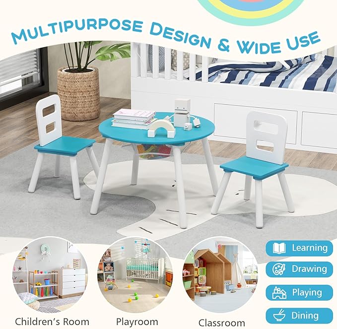 Costzon Kids Table and Chair Set, Wood Activity Table w/Center Mesh Storage, Children Furniture Gift for Boys & Girls, Ideal for Arts, Crafts, Snack Time, Homework, Toddler Table and Chair Set, Blue