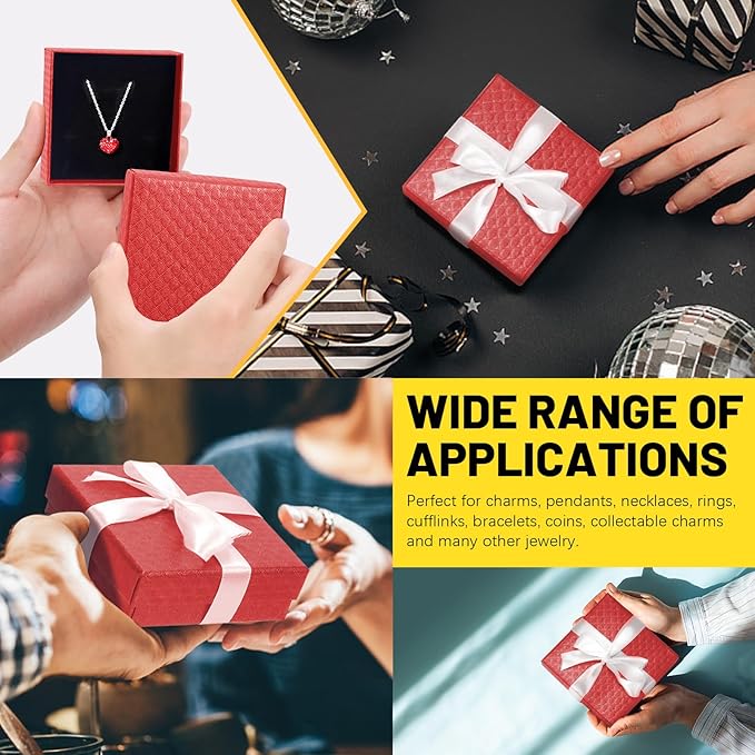 Glarks 12pcs Red 9 x 9 x 3CM Jewelry Gift Boxes with Pink Scissors and 1.5 x 225CM White Polyester Ribbon Set, Diamond Pattern Necklace Earring Bracelet Boxes Gift Case Ideal