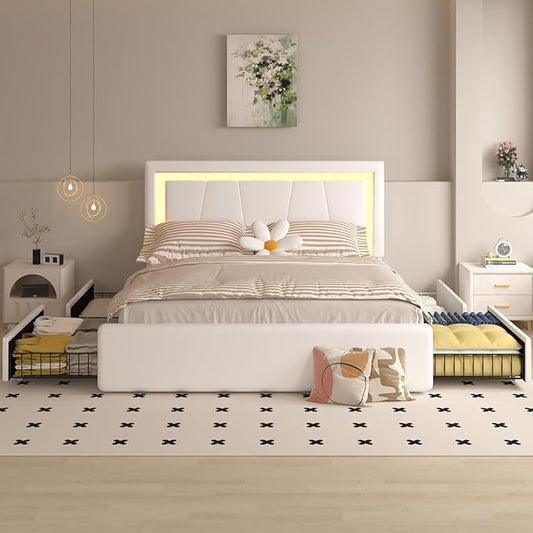 Queen Bed Frame with 4 Storage Drawers and Adjustable Headboard, Upholstered Platform LED Bed with Type-C&USB Ports, Solid Wooden Slats Support, Faux Leather, Easy Assembly, Beige