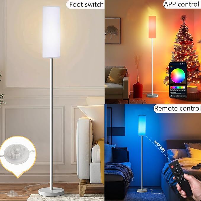 Smart LED Floor Lamp with APP Control & RGB Colors - Dimmable Standing Lamp for Living Room, Bedroom, Gaming - Remote, Timer, 9W Bulb Included, 67" Modern Tall Lamp (White)