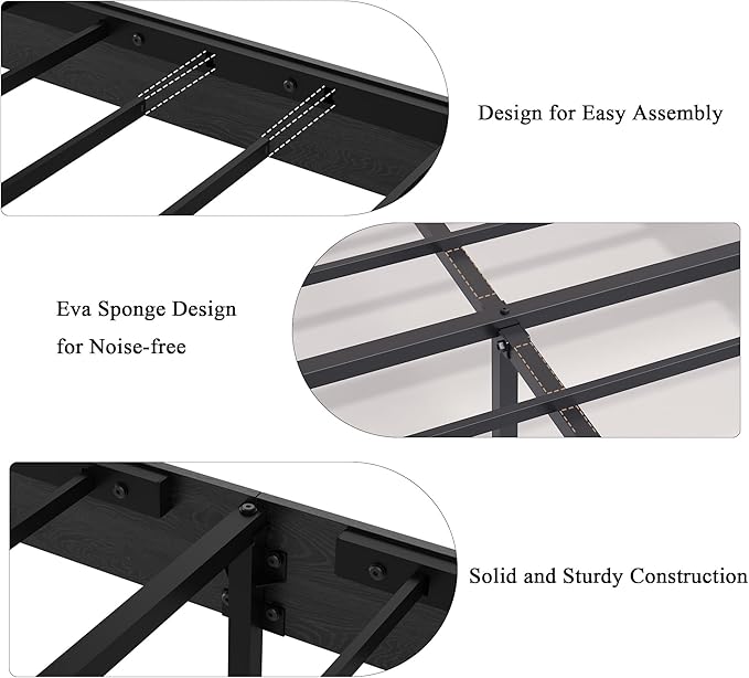 Farmhouse Wooden Bed Frame Queen Size with Storage Headboard, Boho Platform Bedframe with LED Lights and Charging Station, Metal Slats Support, No Box Spring Needed, Black