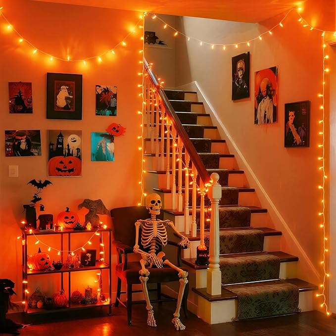 JMEXSUSS 150LED Orange Halloween Lights Indoor Outdoor, Connectable Christmas String Lights Indoor Plug in, 8 Modes Orange Lights for Halloween Fireplace Tree Bedroom Party Decor