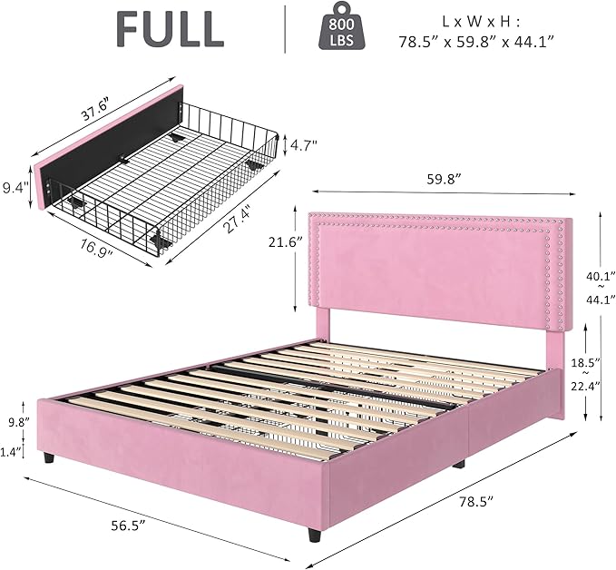 VECELO Full Size Upholstered Platform Bed Frame with 4 Storage Drawers, Adjustable Velvet Rivet Decor Headboard, Wooden Slats Support, No Box Spring Needed, Easy Assembly