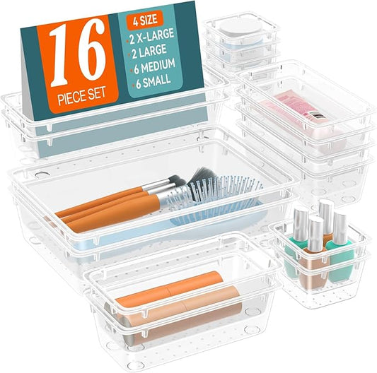 WOWBOX 16 PCS Clear Plastic Drawer Organizer Set, 4 Sizes Desk Drawer Organization and Storage Containers for Makeup, Cosmetics, Jewelry and Gadgets in Kitchen, Bathroom, Bedroom, Office, Clear