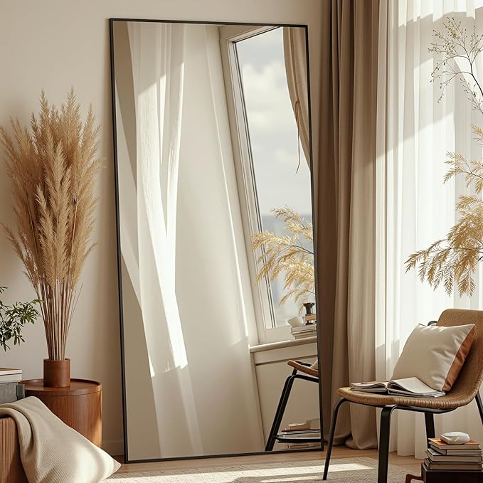 Full Length Mirror, 71"x32" Oversized Floor Mirror Freestanding, Full Body Mirror Floor Standing Mirrors with Stand, Hanging Mounted Mirrors for Bedroom Living Room, Black, Rect Style