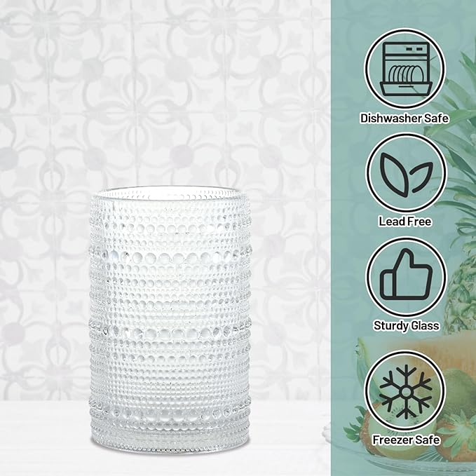 Hobnail Drinking Glasses Set of 6, Vintage Colored Glassware 14.5oz, Tall Beverage Glass Cups for Water, Juice, Cocktail (Clear)