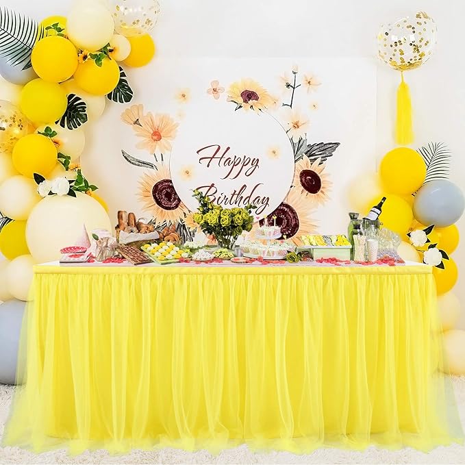Suppromo 14ft Yellow Tulle Tutu Table Skirt for Birthday Party Girls Boys Baby Shower Wedding Cake Dessert Table Decorations