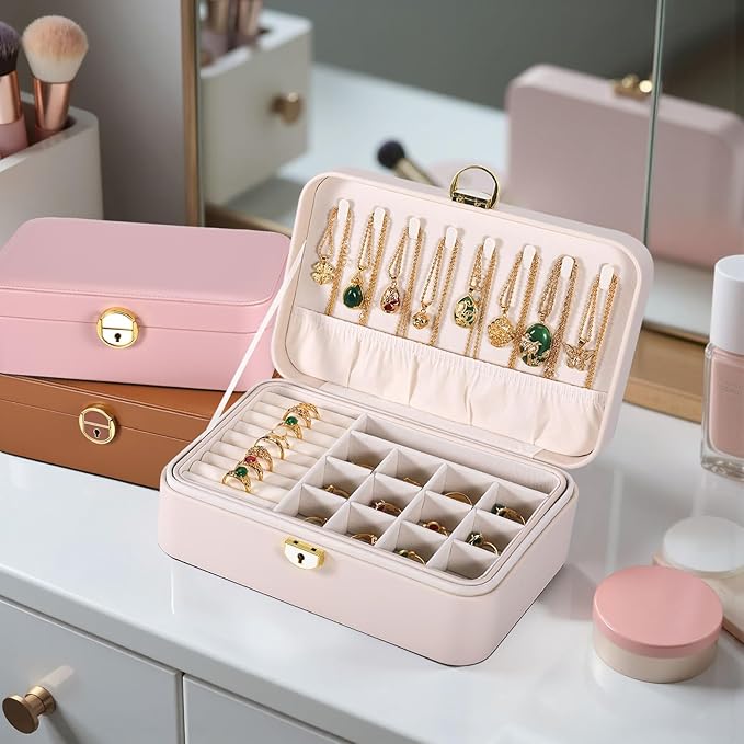 Travel Jewelry Case With Lock, 2-Layer PU Leather Jewelry Box for Women, Ring Box and Jewelry Organizer, Large Jewelry Travel Case,Best Gifts for Women for the Holidays(White)