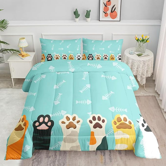 Cat Paws Comforter Bedding Set for Kids Teens,Cartoon Cat Paws and Fish Bones Pattern Lightweight Cyan Comforter with 2 Pillowcases,3pcs(Cat Paws Full)