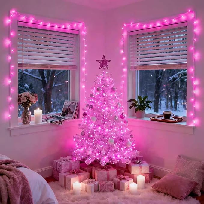 JMEXSUSS 200 LED Pink Christmas Lights for Decor, 66ft Pink String Lights Indoor Outdoor Clear Wire, Rose Color LED Fairy Light Plug in for Girls Room Wall Christmas Tree Party Decorations