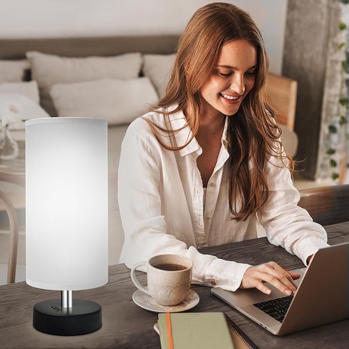 Small Lamp for Bedroom, Bedside Lamps for Night Stands, Mini Minimalist Table Lamp with Round Gray Fabric Shade, 11.8 Inch Desk Reading Lamp for Dorm Room Living Room Office Room, 1 Pack