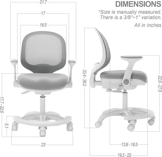 Kids Desk Chair, Boy's Girl's Child Children Study Office Computer Chair, Ergonomic Design, Adjustable Height and Seat Depth (Grey) (Grey W/Armrests and Footrest)