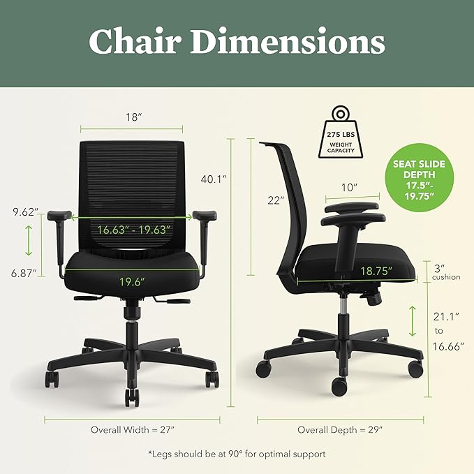 HON Convergence Ergonomic Office Chair, Breathable Back Support Mesh, Adjustable Arms, Computer Chair with Lumbar Support, Rolling Swivel Wheels, Comfortable Synchro-Tilt Recline, Fabric, Pear