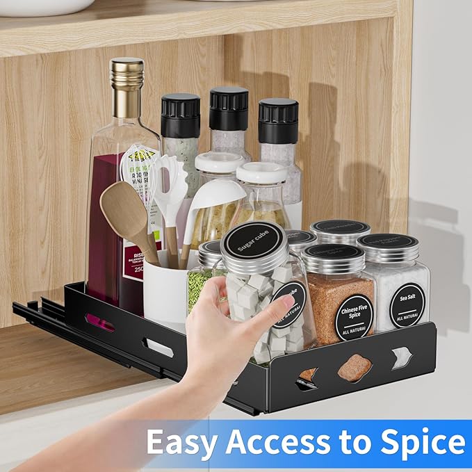Pull Out Spice Rack Organizer for Cabinet, Heavy Duty-Slide Out Spice Rack, Vertical Spice Rack for Kitchen Cabinet and Pantry (6.3''Wx10.5''Dx2.8''H, Metal Black)