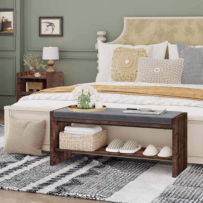 BON AUGURE Entryway Bench with Shoe Storage, 2-Tier Shoe Rack Bench with Cushion, Wood Benches for Bedroom, Living Room, Mudroom, Hall (Rustic Oak, 40 in Wide)