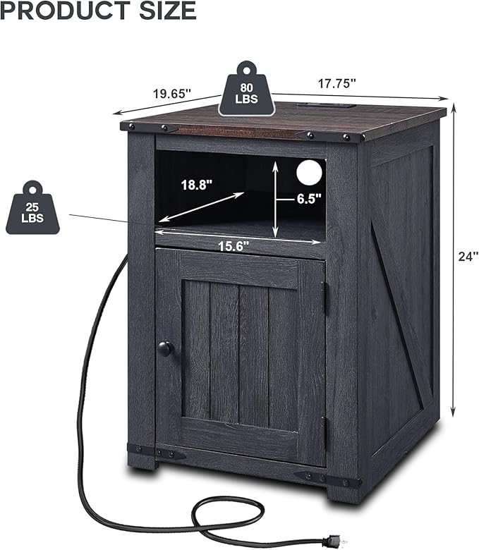 Farmhouse End Table with Charging Station, 20" Nightstand w/Groove Barn Door, Rustic Wood Bedside Table, Side Table with Storage w/Open & Adjustable Shelf for Bedroom, Living Room (Dark Grey)