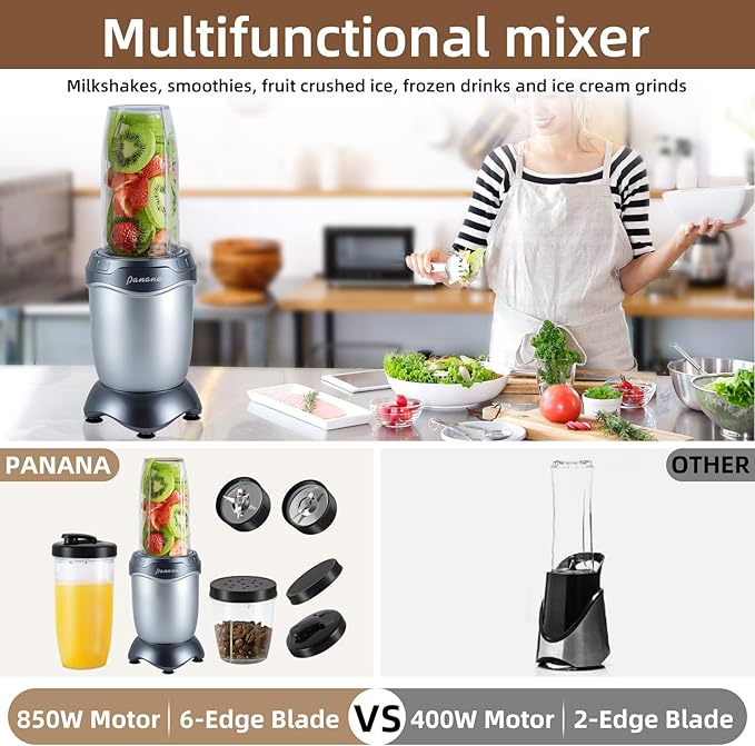 Panana Smoothie Blender 850W Portable Personal Blender and Grinder Combo Shakes and Smoothies 2 * 20Oz To-Go Cups & Lids, Personal Blenders for Juice, Frozen Drinks, Sauces