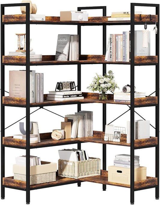 KOUSEI 5-Tier L-Shaped Reversible Corner Bookshelf, 65" Rustic Brown Industrial Wood & Metal Bookcase, Wide Open Shelves + 4 Hooks for Living Room/Bedroom/Home Office