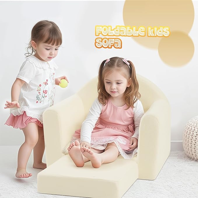 MeMoreCool Folding Toddler Chair, Comfy Plush Fold Out Kids Couch Sofa, Convertible Kid Sofa Bed, Flip Out Baby Recliner Foldable Children Sofa for Toddlers 1-4 Girls Boys, Beige