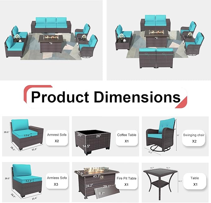 Kurapika 10 Pieces Patio Furniture Set, Rattan Wicker Outdoor Conversation Sets w/43in Propane Fire Pit Table, Swivel Rocking Chairs Patio Sectional Sofa w/4 Inch Cushion, Blue