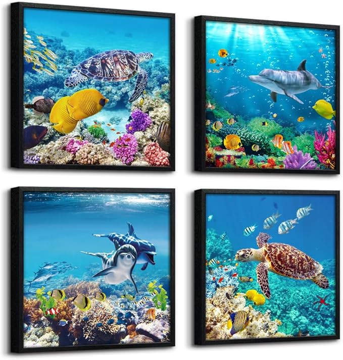 Set Of 4 Piece Black Framed Wall Art For Living Room Family Bedroom Wall Pictures Artwork Bathroom Wall Decor Coral Sea Fish And Turtles Blue Ocean Theme Painting Ready to Hang Modern Home Decor