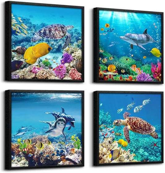 Set Of 4 Piece Black Framed Wall Art For Living Room Family Bedroom Wall Pictures Artwork Bathroom Wall Decor Coral Sea Fish And Turtles Blue Ocean Theme Painting Ready to Hang Modern Home Decor