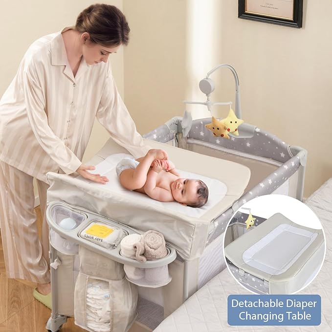 BABY JOY 5-in-1 Pack and Play, Portable Baby Bedside Sleeper with Bassinet, U-Shaped Diaper Changer, Safety Strap, Side Zipper Entrance, Hangings, Bedside Crib Playard from Newborn to Toddlers (Beige)