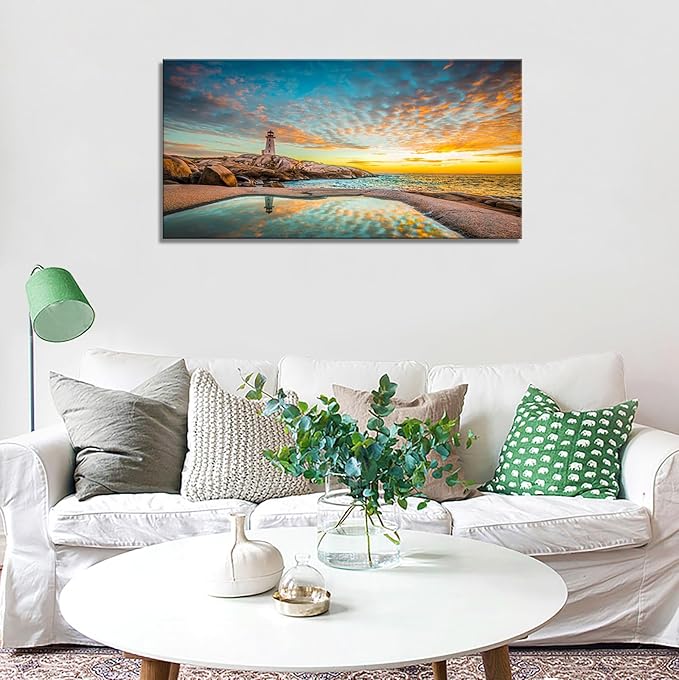 YYYYHPP YP1875 Canvas Prints Wall Art Peggy's Cove Lighthouse Sunset Ocean View Landscape Nature Pictures Stretched Canvas Wooden Framed for Living Room Bedroom and Office Wall Decor