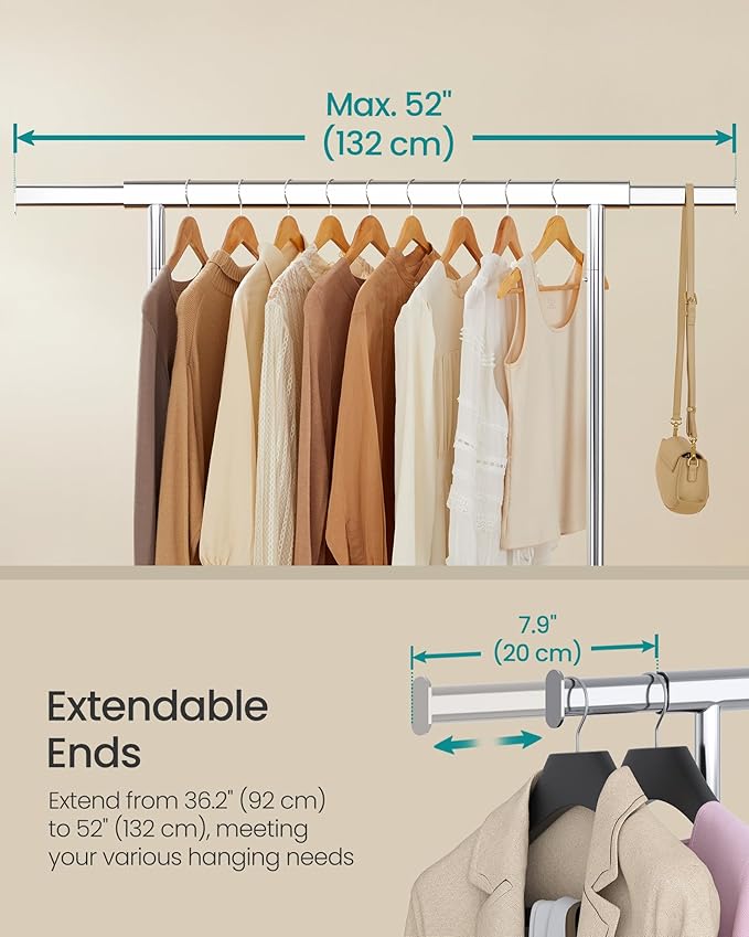 SONGMICS Clothes Rack with Wheels, Heavy-Duty Clothing Rack for Hanging Clothes, Portable, 17.7 x (36.2-52) x 63.6 Inches, with Extendable Rail, 220 lb Load Capacity, Silver UHSR13SV1
