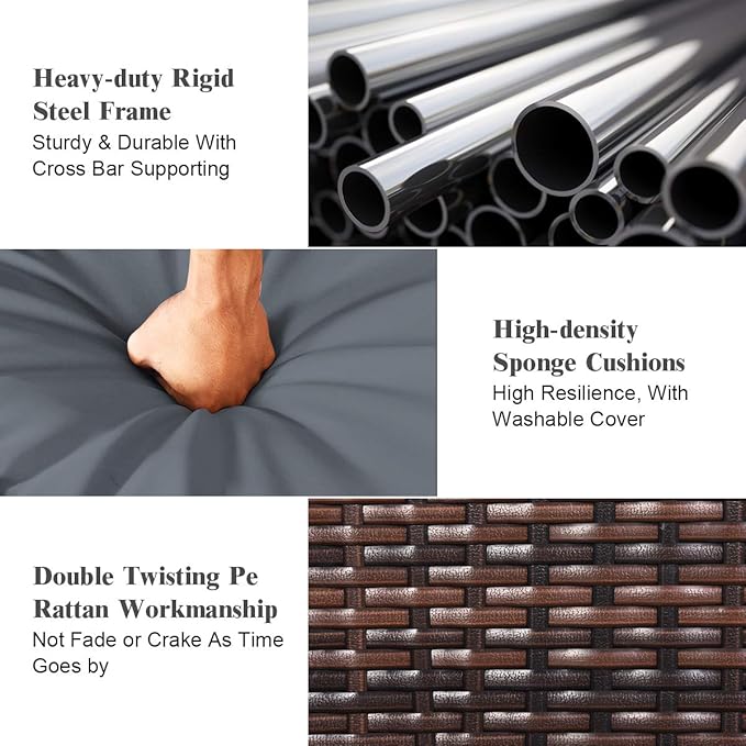 Tangkula Patio Corner Sofa Set 3 Piece, Outdoor Rattan Sofa Set, Includes Lounge Chaise, Loveseat & Coffee Table, Patio Garden Poolside Lawn Backyard Furniture