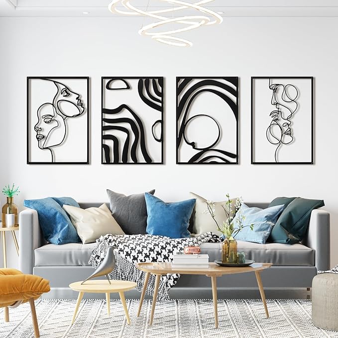 Art3d Metal Wall Art, Set of 4 Black Wall Decor for Living Room Bedroom Hallway Dining Room, Line Art Wall Décor, Life and Romance Story theme Minimalist Wall Art Style