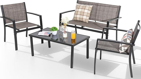 Shintenchi 4 Pieces Patio Furniture Set All Weather Textile Fabric Outdoor Conversation Set, with Glass Coffee Table, Loveseat, 2 Single Chairs for Home, Garden, Lawn, Porch（Tan）