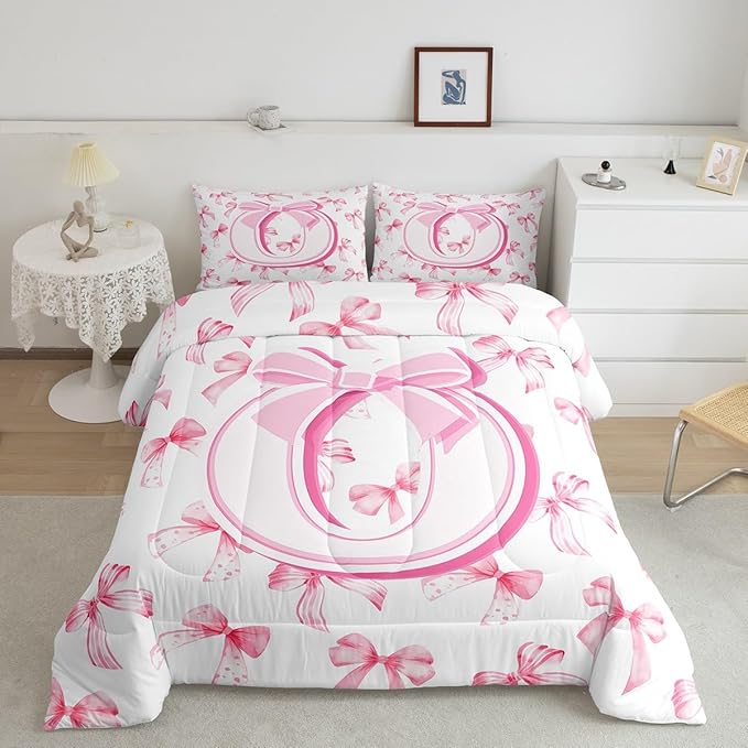 jejeloiu Kids Girls Cute Pink Bow Comforter Set King Size Monogrammed Bedding Set Ultra Soft Personalized Initial O Duvet Quilt Coquette Bow Knot Quilt Set Room Decor Modern Fashion Comforter