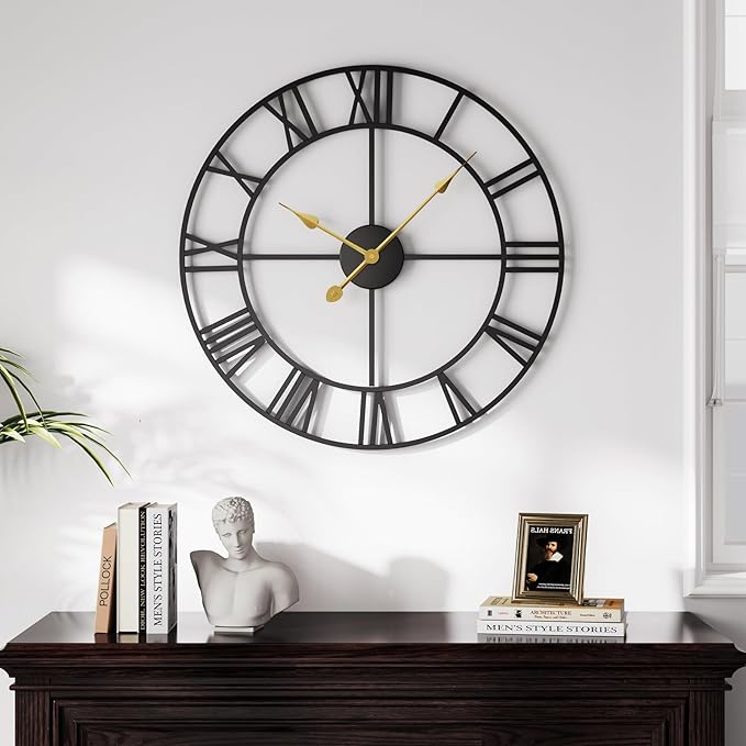 Large Wall Clock Battery Operated, 20 Inch Black Metal Round Wall Clocks Modern Silent Non-Ticking Decorative Clocks for Living Room Bedroom - Roman Numerals
