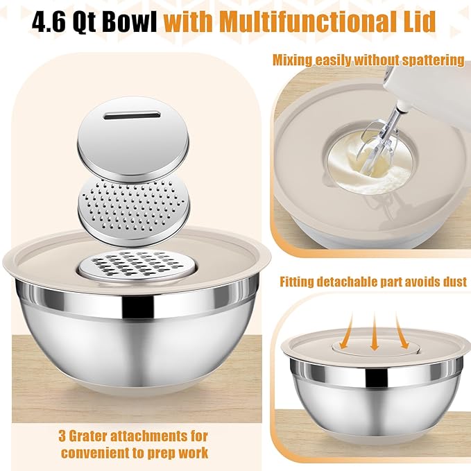 P&P CHEF Mixing Bowl with Lid Set, 5 Piece Stainless Steel Mixing Nesting Bowls for Salad Storage, 3 Grater Attachments & Non-Slip Bottoms, Size 1/1.5/2 / 2.6/4.6 QT, Khaki