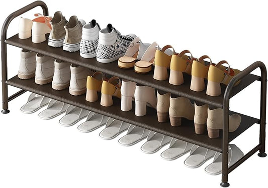Shoe Rack 2 Tier Long Storage Organizer Wide Metal Shoe Shelf for Closet Entryway Brown